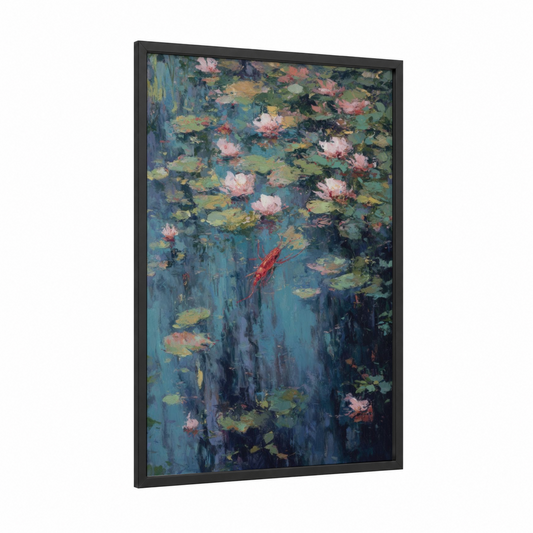 Water Lily Crayfish framed art print — black wood frame — teal and pink palette