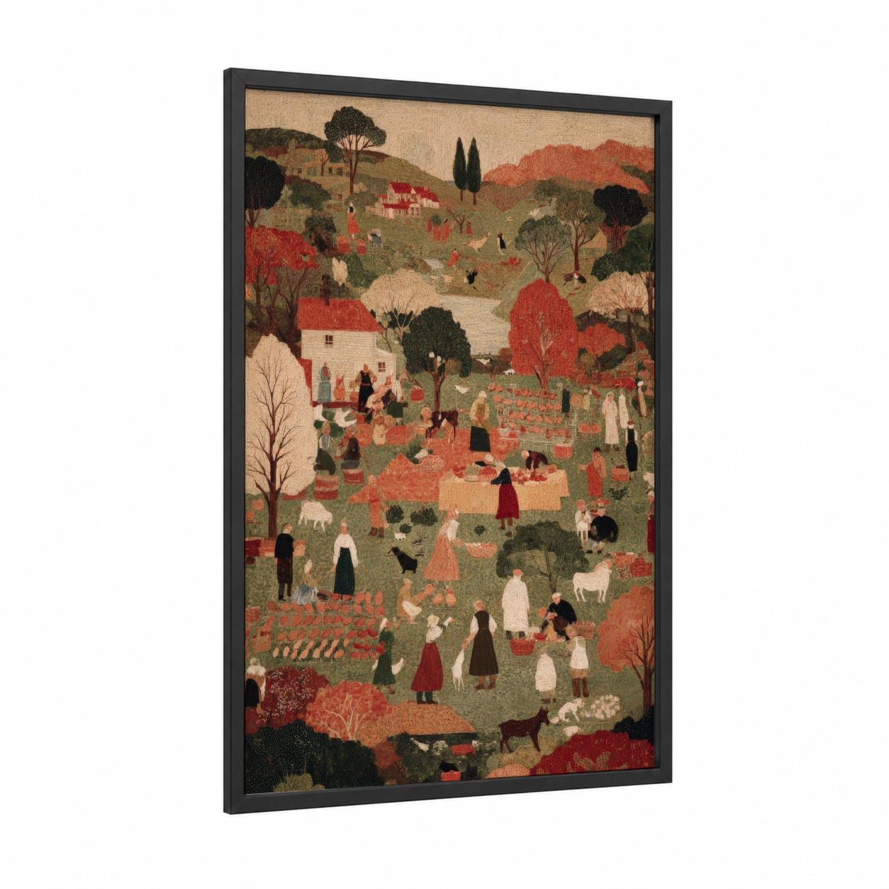 Harvest Celebration Village framed thanksgiving print — black wood frame — russet and sage green palette