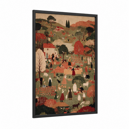 Harvest Celebration Village framed thanksgiving print — black wood frame — russet and sage green palette