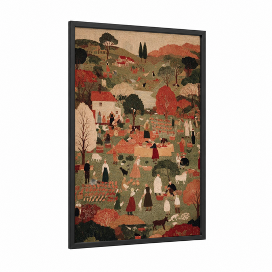 Harvest Celebration Village framed thanksgiving print — black wood frame — russet and sage green palette