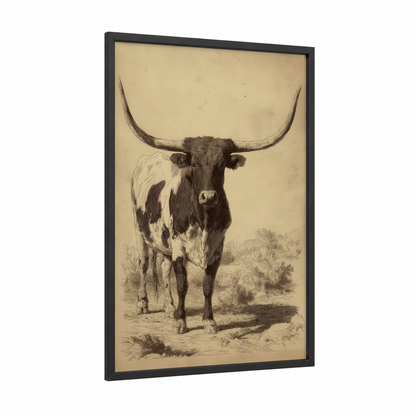 Majestic Longhorn framed longhorn cow print — black wood frame — beige and black palette