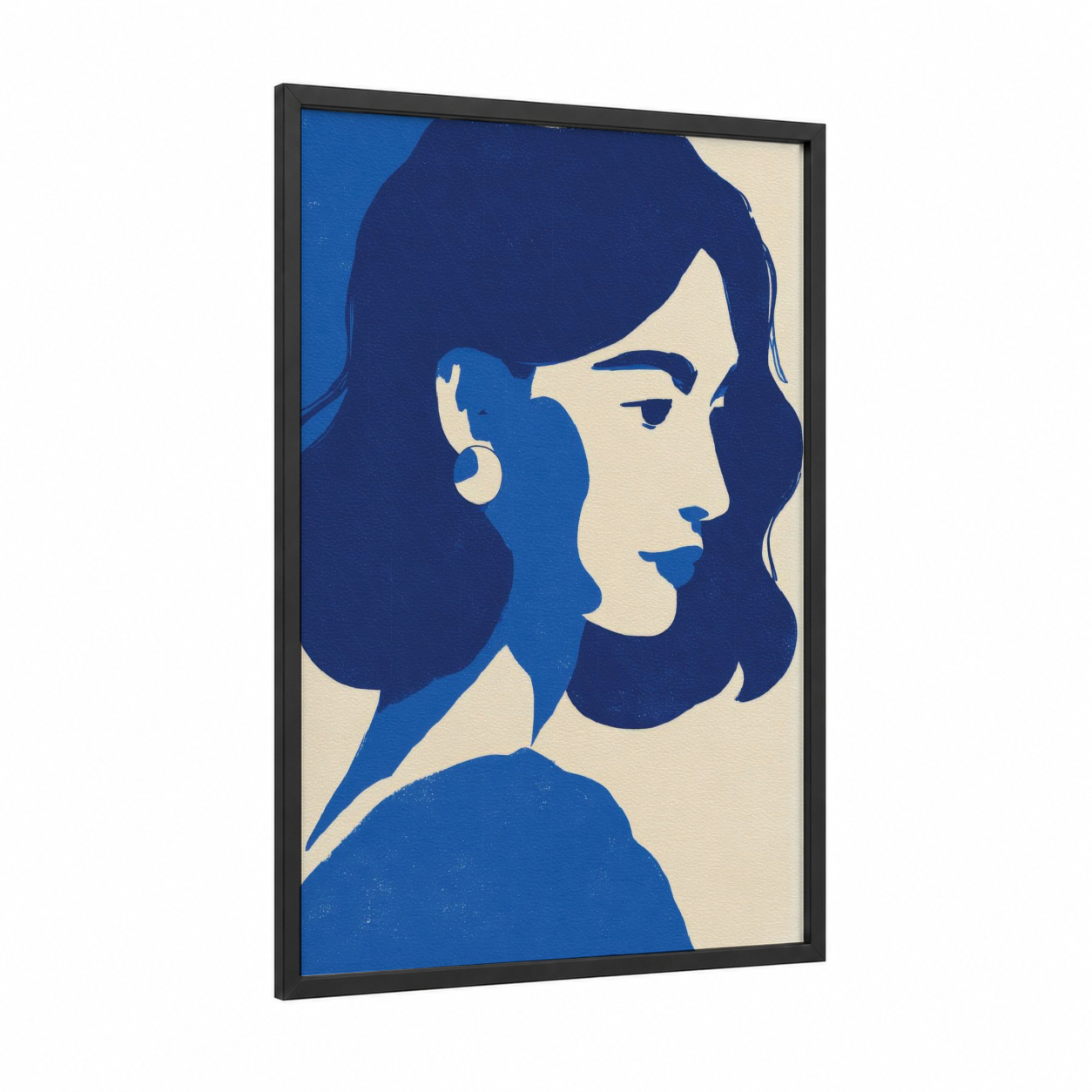Vintage Fashion Portrait framed fashion illustration print — black wood frame — blue and cream palette