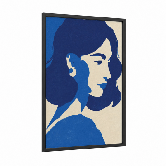 Vintage Fashion Portrait framed fashion illustration print — black wood frame — blue and cream palette