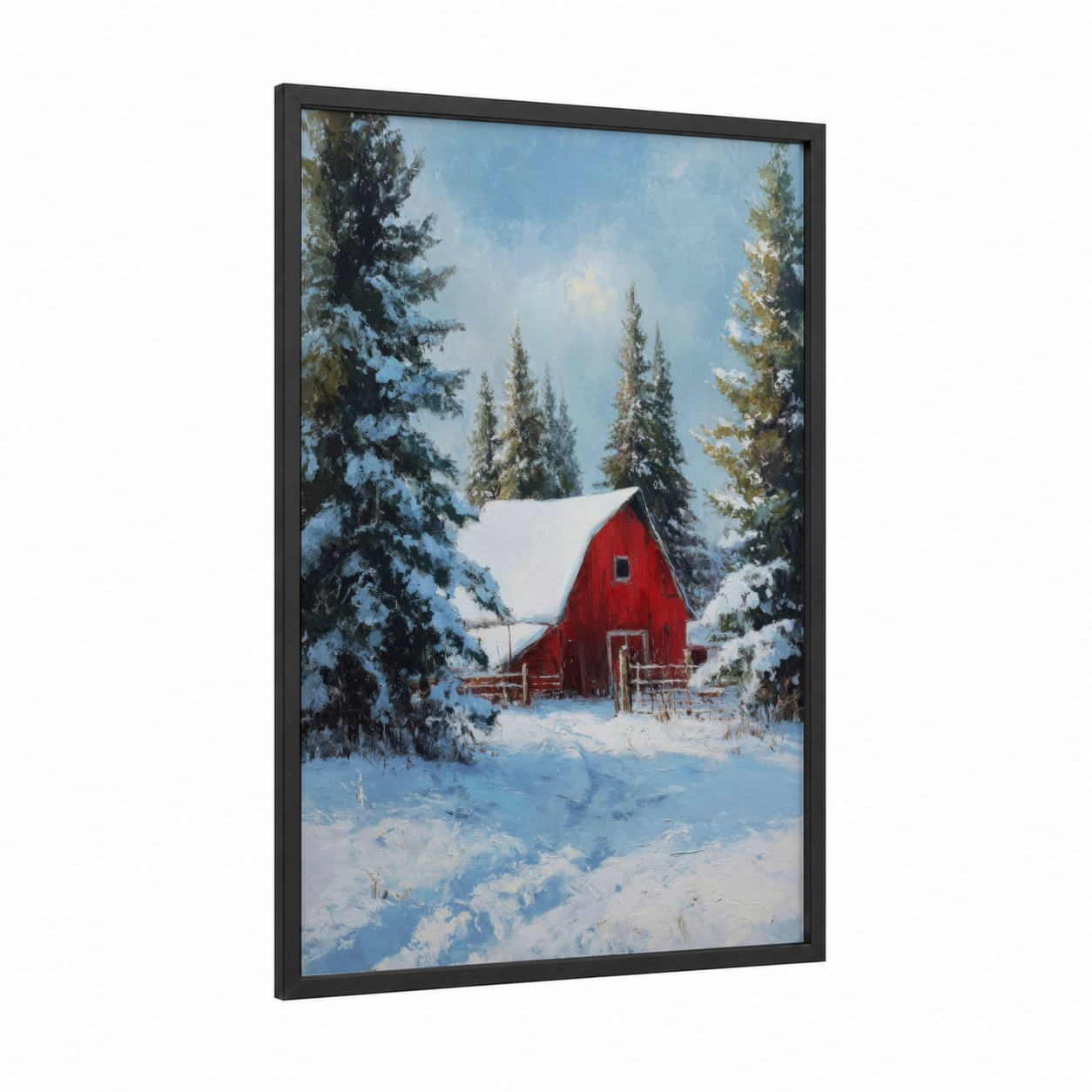 Snowy Red Barn framed art print — black wood frame — red and blue and white palette