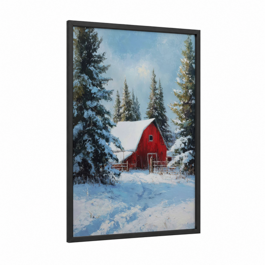 Snowy Red Barn framed art print — black wood frame — red and blue and white palette