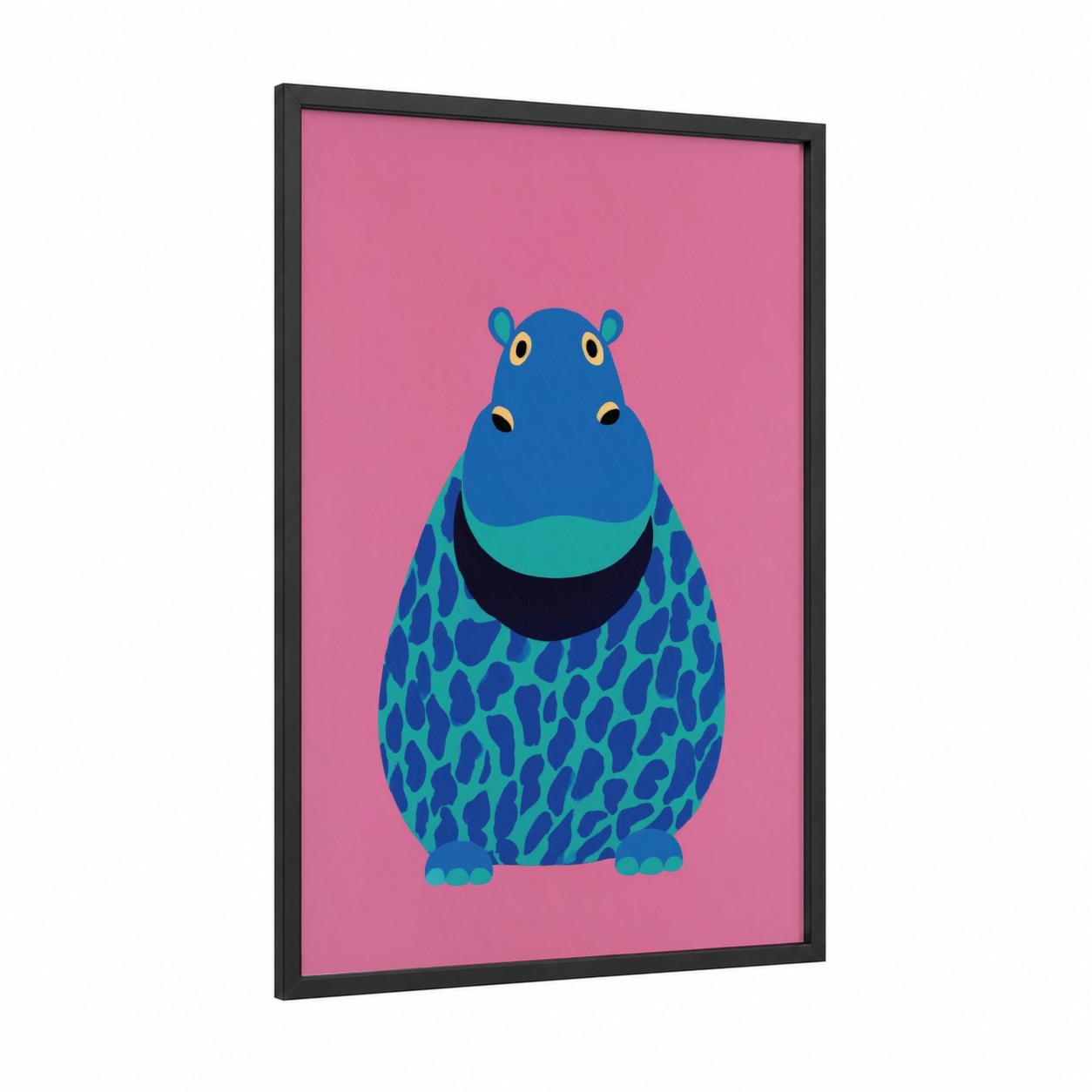 Smiling Hippo framed art print — black wood frame — pink and blue palette