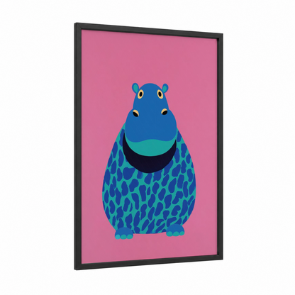 Smiling Hippo framed art print — black wood frame — pink and blue palette