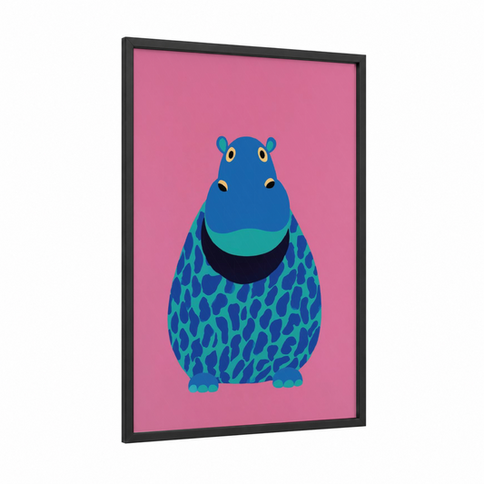 Smiling Hippo framed art print — black wood frame — pink and blue palette