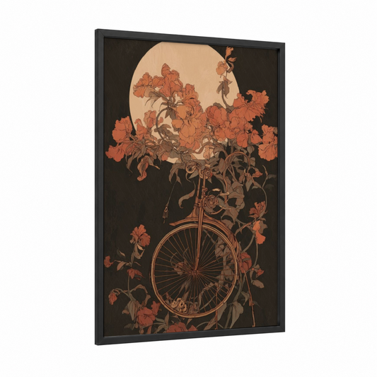 Moonlit Unicycle framed art print — black wood frame — pumpkin and black palette