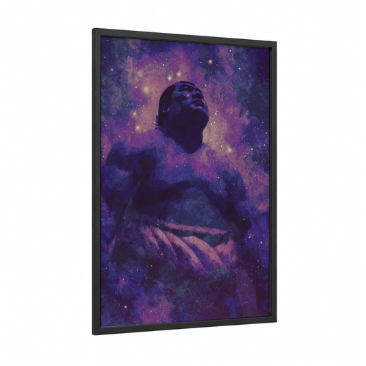 Cosmic Sumo framed art print — black wood frame — purple and gold palette