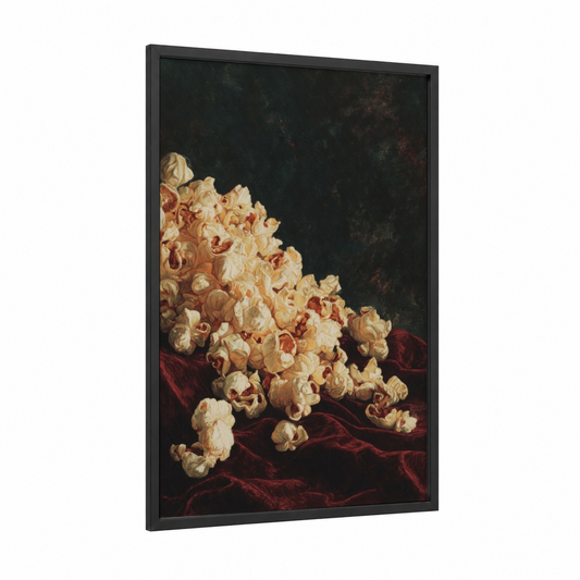 Golden Popcorn Cascade framed art print — black wood frame — gold and maroon palette