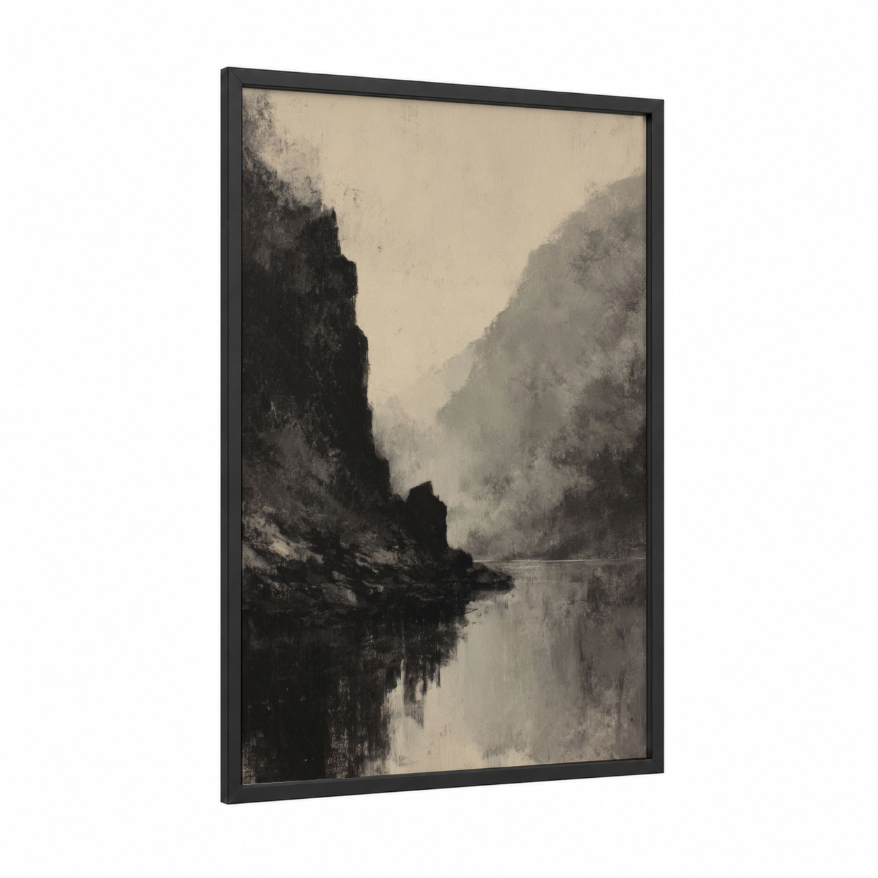Misty Canyon Cliffs framed art print — black wood frame — black and white and gray palette