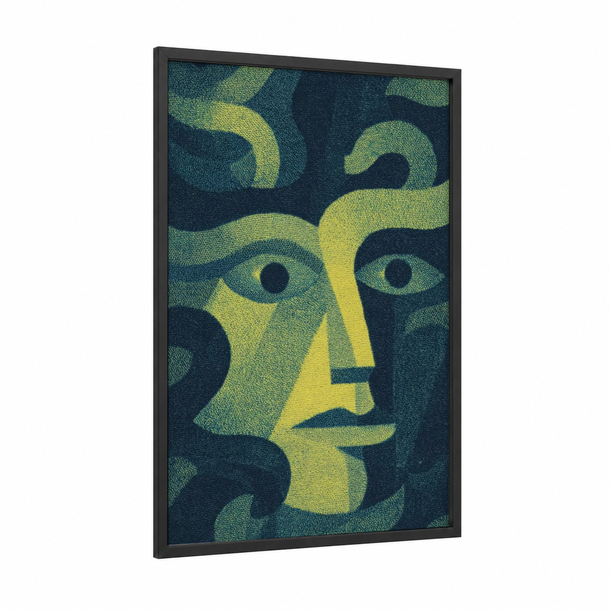 Ancient Medusa framed art print — black wood frame — yellow gold and dark blue palette