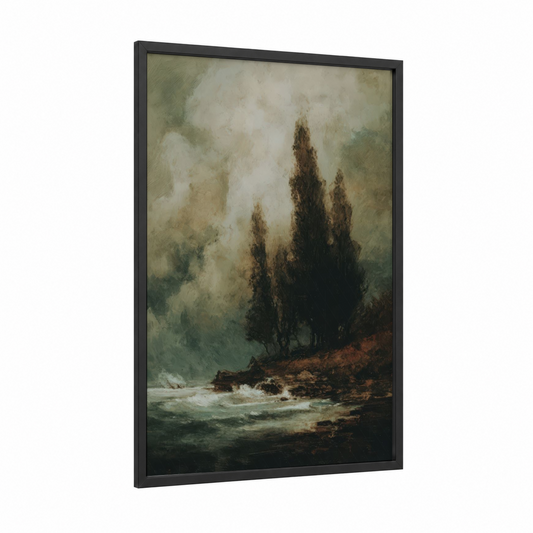Misty Cypress Grove framed cypress tree print — black wood frame — dove gray and olive palette