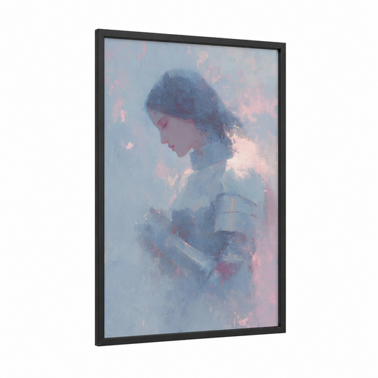 Ethereal Maiden framed joan of arc print — black wood frame — blue and white and salmon pink palette