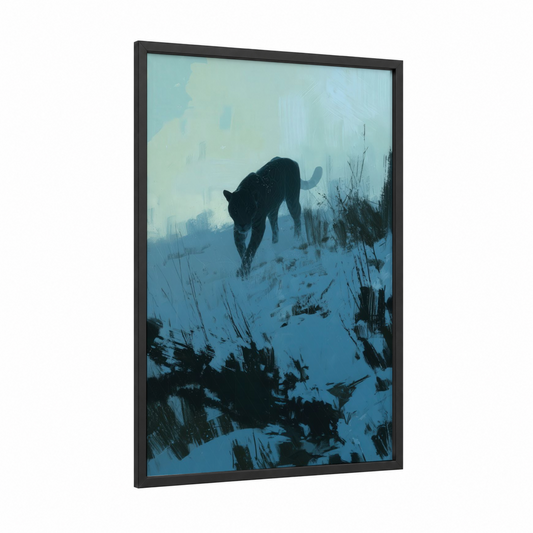 Snowy Jaguar framed art print — black wood frame — blue and white and gray palette