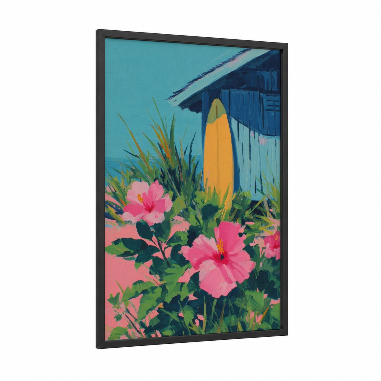 Surfboard Beach House framed surfing print — black wood frame — turquoise and pink palette