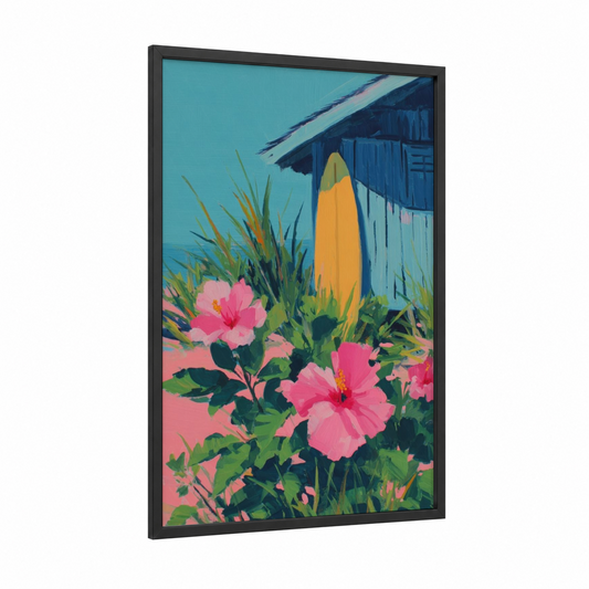Surfboard Beach House framed surfing print — black wood frame — turquoise and pink palette