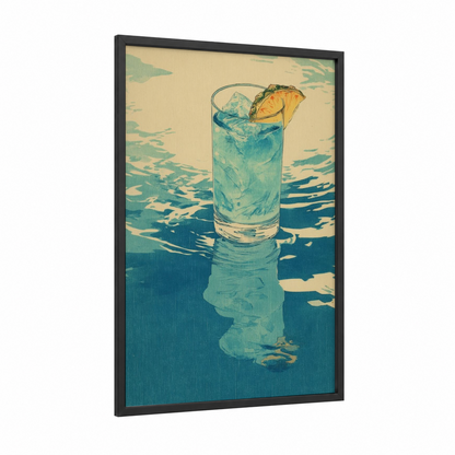Coastal Cocktail framed art print — black wood frame — teal and gold palette
