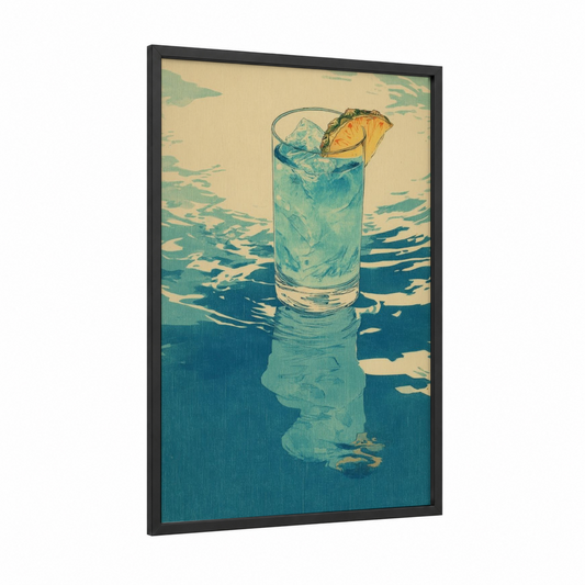 Coastal Cocktail framed art print — black wood frame — teal and gold palette