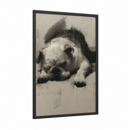 Resting Bulldog framed art print — black wood frame — black and white and gray palette