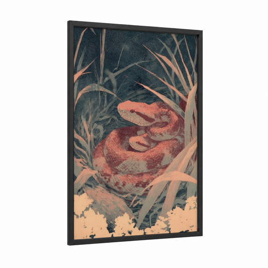 Crimson Rattlesnake framed art print — black wood frame — russet and dark blue palette