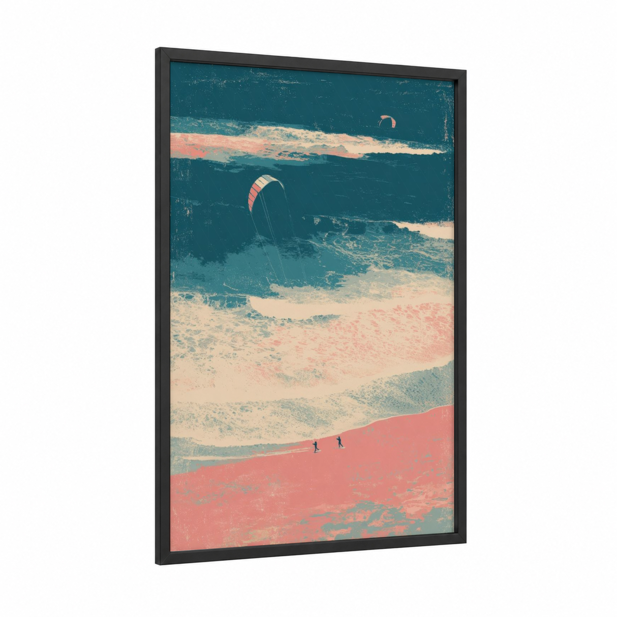 Coastal Kite Surfing framed art print — black wood frame — teal and peach palette