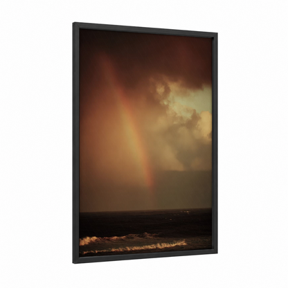 Stormy Rainbow framed art print — black wood frame — maroon and gold palette