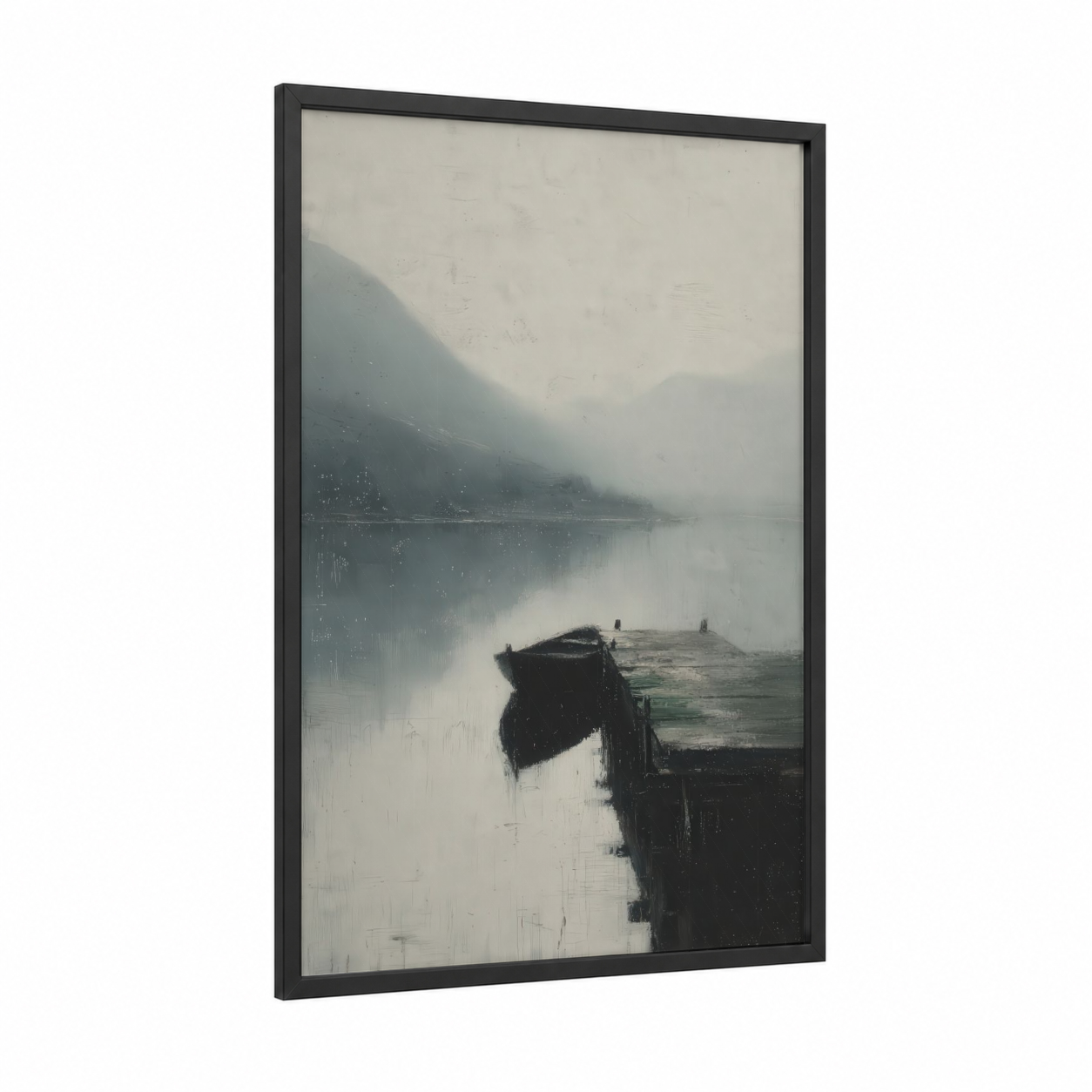 Misty Dock Reflection framed docks and piers print — black wood frame — gray and white and dove gray palette