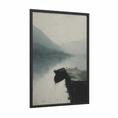 Misty Dock Reflection framed docks and piers print — black wood frame — gray and white and dove gray palette