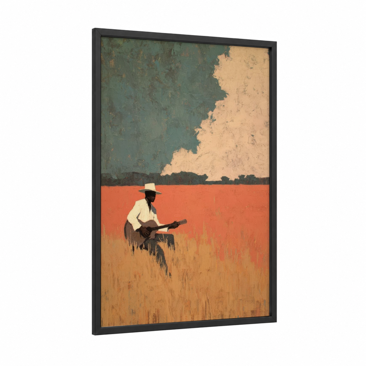 Lonesome Bluesman framed art print — black wood frame — teal palette