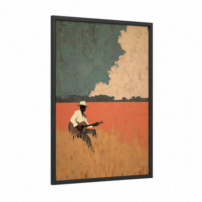 Lonesome Bluesman framed art print — black wood frame — teal palette