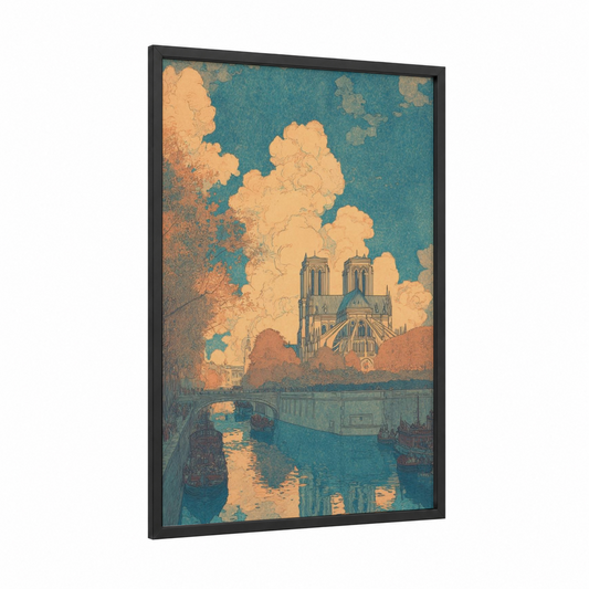 Golden Notre-Dame framed notre dame print — black wood frame — gold and teal palette