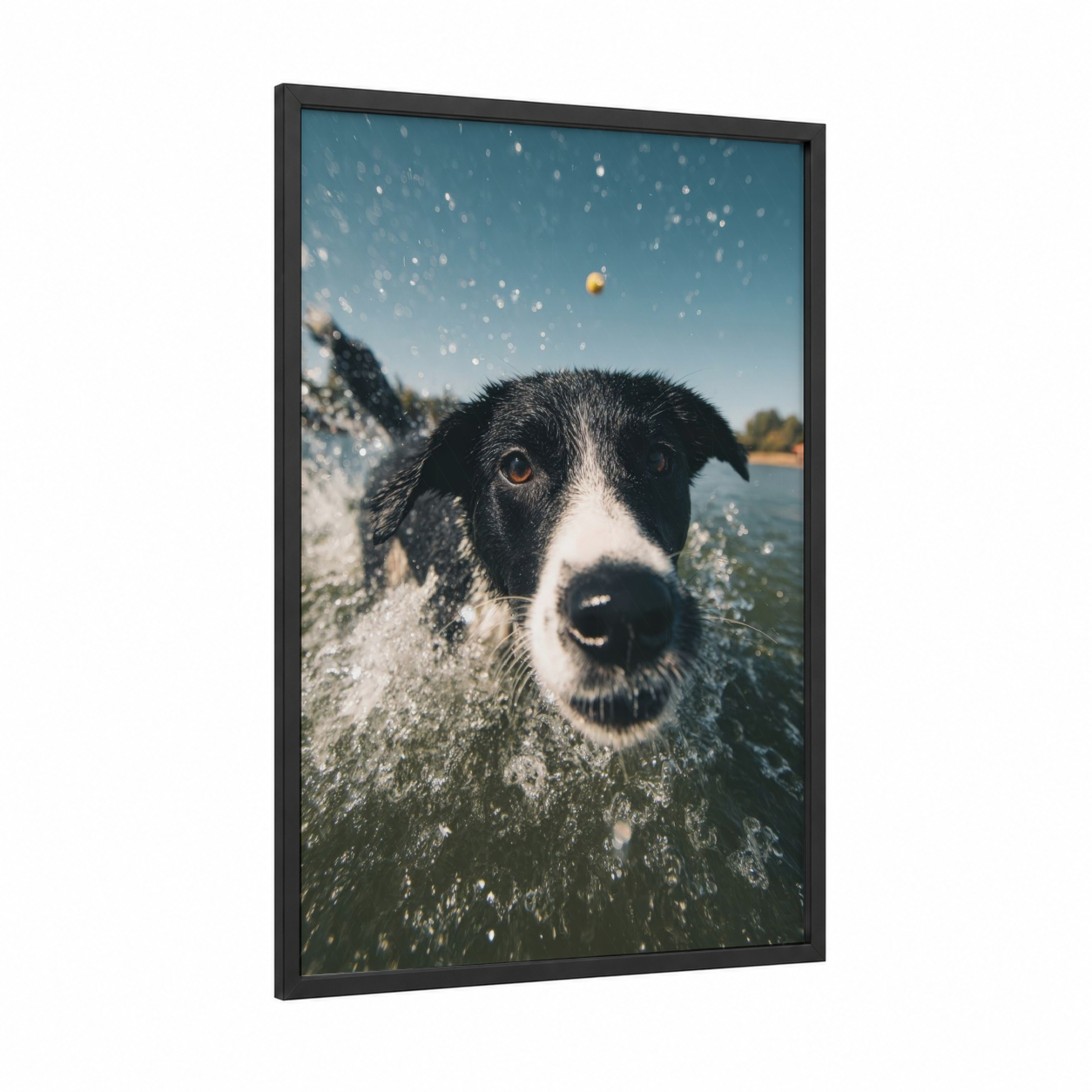 Playful Water Dog framed swimming print — black wood frame — blue and white and gold palette