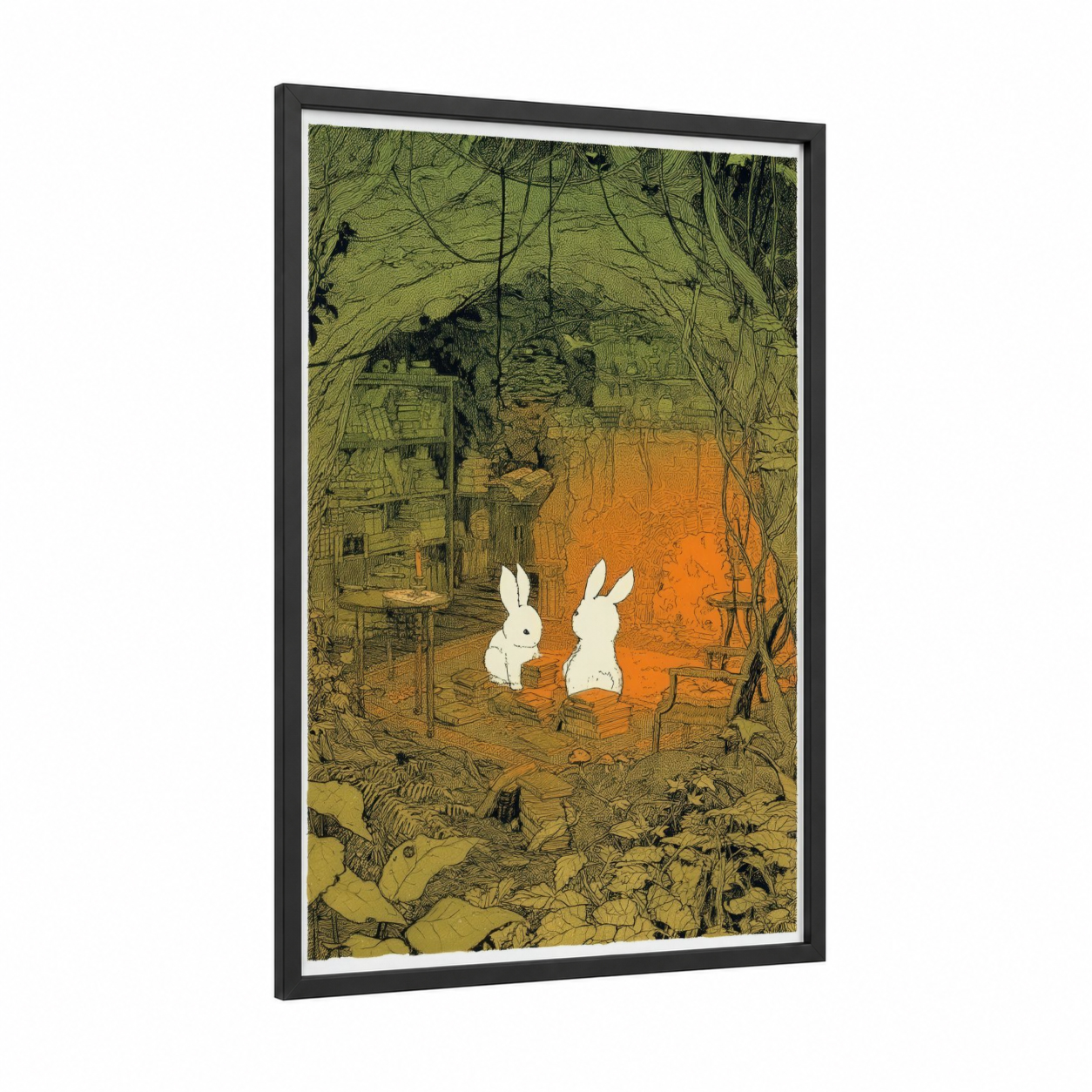 Curious Rabbits framed art print — black wood frame — olive and orange palette