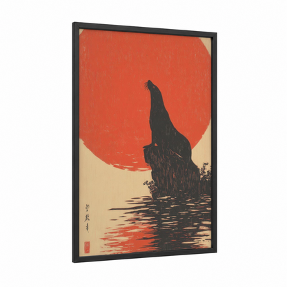 Sunset Sea Lion framed art print — black wood frame — red and black palette