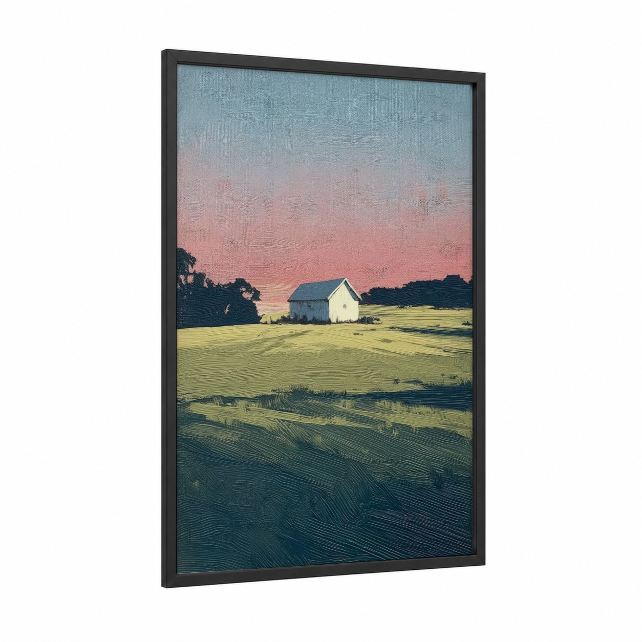 Farmhouse Sunset framed various landscapes print — black wood frame — salmon pink and light green palette