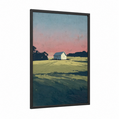 Farmhouse Sunset framed various landscapes print — black wood frame — salmon pink and light green palette