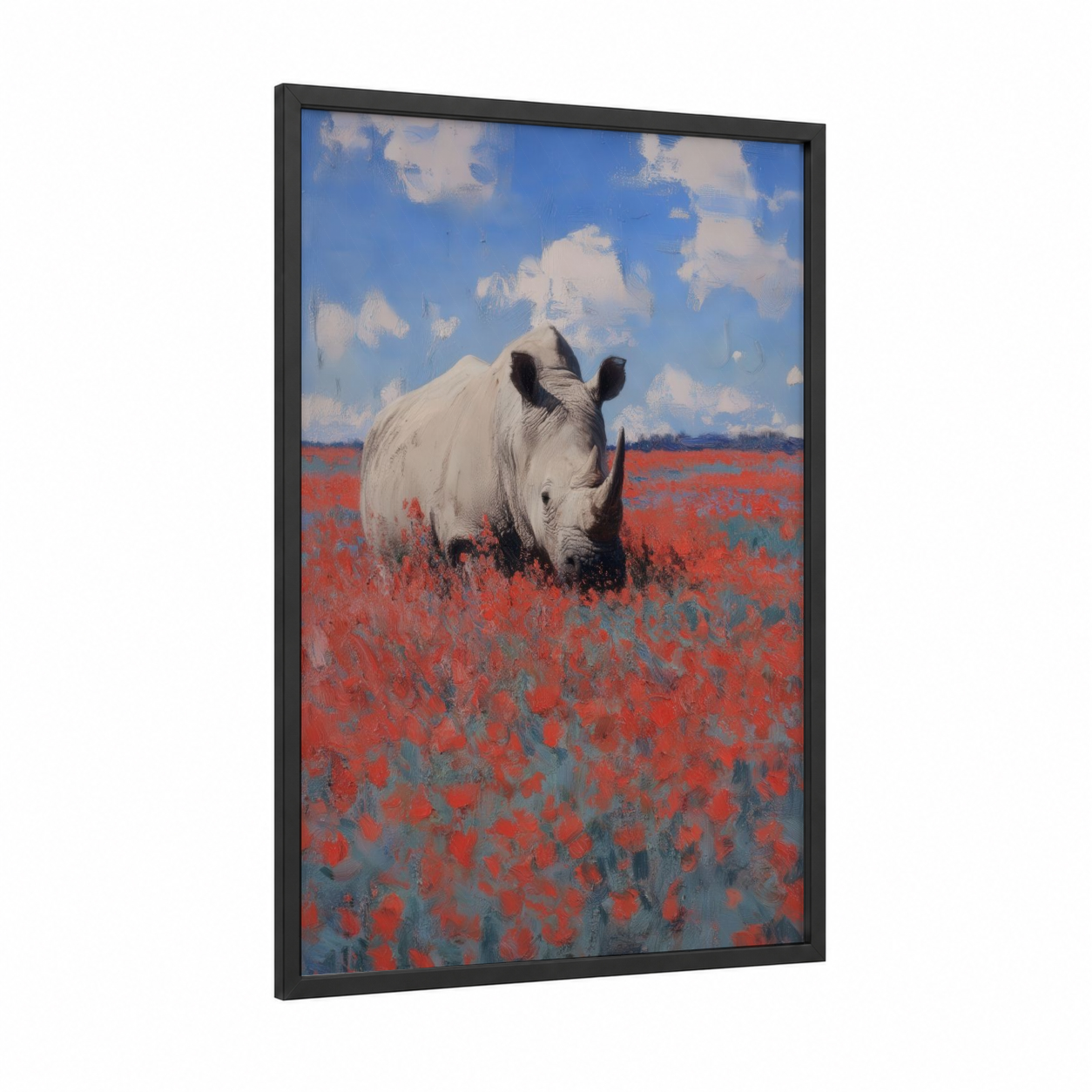 Poppy Field Rhino framed art print — black wood frame — red and blue palette