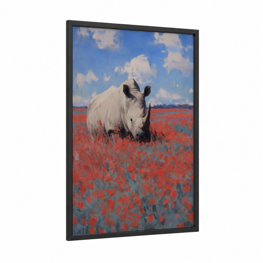 Poppy Field Rhino framed art print — black wood frame — red and blue palette