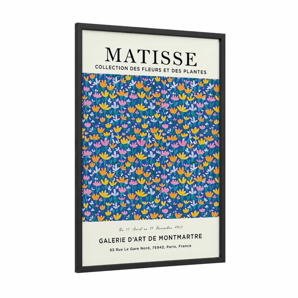 Matisse Flower Garden framed abstract flower print — black wood frame — blue and yellow gold palette