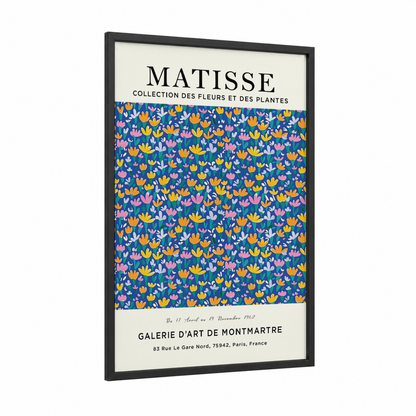 Matisse Flower Garden framed abstract flower print — black wood frame — blue and yellow gold palette