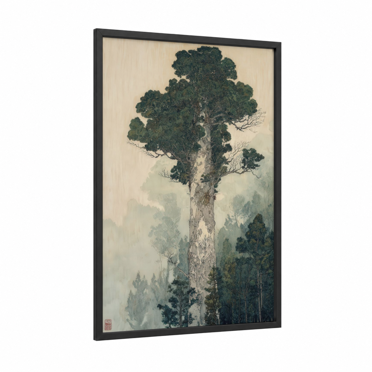 Misty Kauri Giant framed kauri tree print — black wood frame — cream and dark green palette
