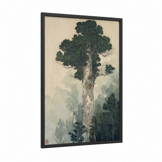 Misty Kauri Giant framed kauri tree print — black wood frame — cream and dark green palette
