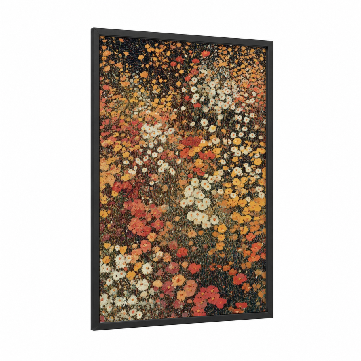 Wildflower Meadow framed daisy print — black wood frame — gold and orange palette