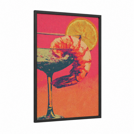 Shrimp Cocktail Pop framed seafood print — black wood frame — gold and magenta palette
