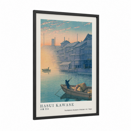 Kawase Docks framed docks and piers print — black wood frame — teal and peach palette