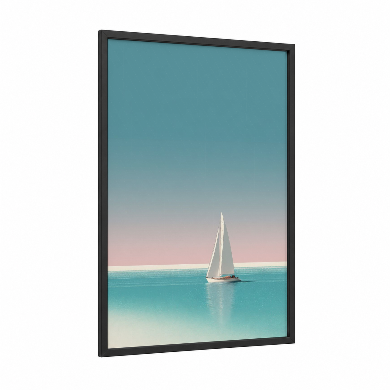Tranquil Sailboat framed sailing ship print — black wood frame — turquoise and white palette