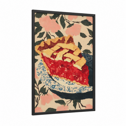 Strawberry Pie Slice framed sweet print — black wood frame — cream and red palette