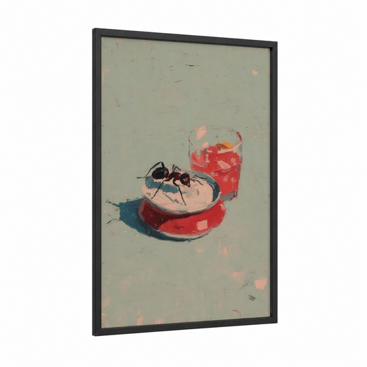 Ant's Feast framed art print — black wood frame — peach and red palette